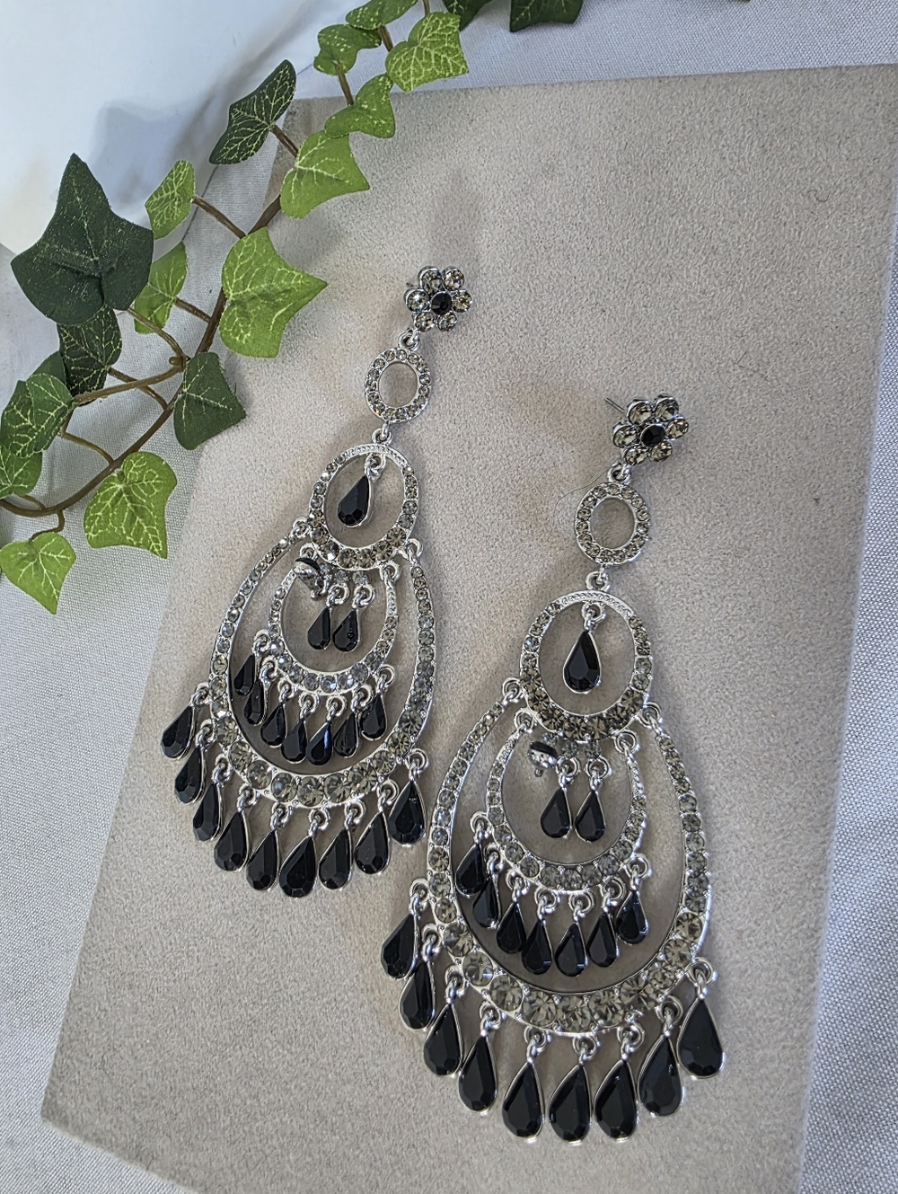Large Silver Black Teardrop Chandelier Statement Earrings